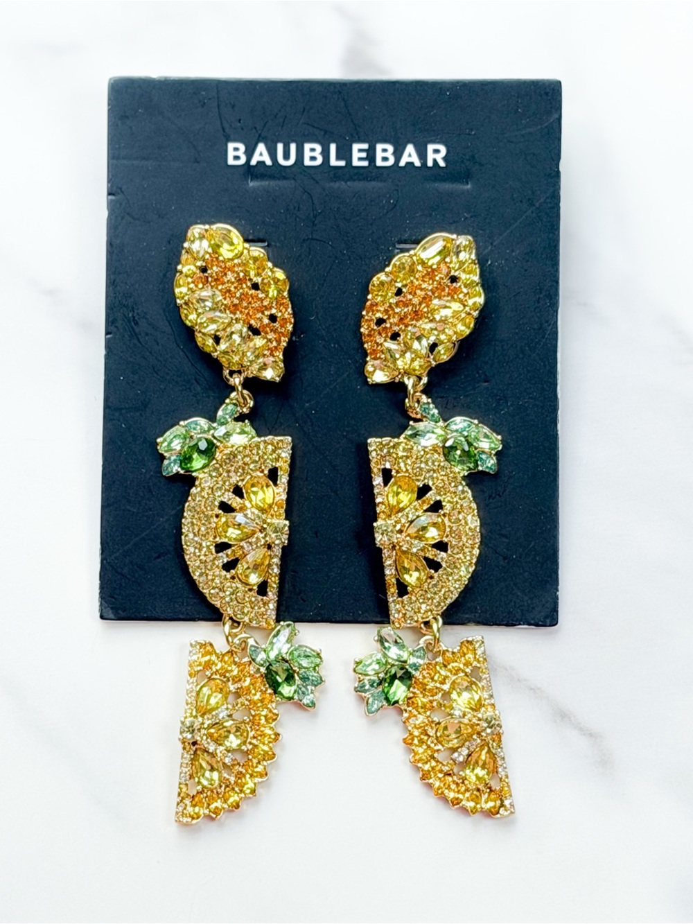 BaubleBar Lemon Drop Statement Earrings Crystal Rhinestone Gold Green Dangle NWT